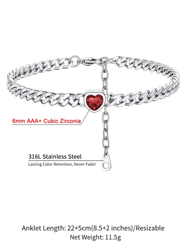 ChainsHouse Cuban Chain Anklets for Women with Heart Birthstone Jan - Dec | Stainless Steel Black Link Chain Ankle Bracelet with Birthstone, Beach Women Anklet 22cm-27cm Adjustable, with Gift Box - color: 01. Jan.-Red Garnet-Steel