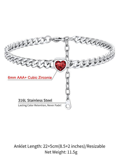 ChainsHouse Cuban Chain Anklets for Women with Heart Birthstone Jan - Dec | Stainless Steel Black Link Chain Ankle Bracelet with Birthstone, Beach Women Anklet 22cm-27cm Adjustable, with Gift Box - color: 01. Jan.-Red Garnet-Steel