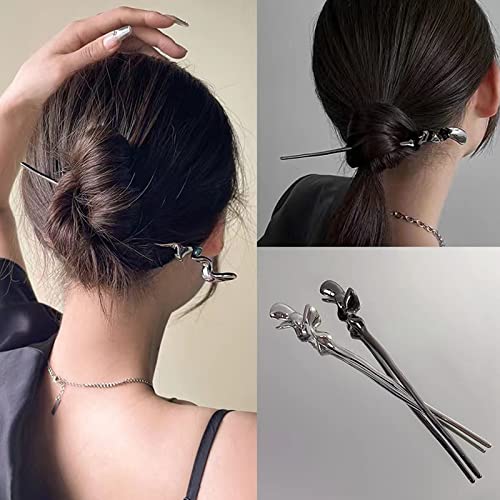 2Pcs Chinese Hair Sticks for Women, Silver Black Metal Bun Hairpin, 2Pcs | Chinese hair chopsticks for women, silver hair stick,metal hairpin, bun hairstyle headwear