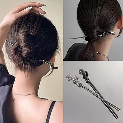 2Pcs Chinese Hair Sticks for Women, Silver Black Metal Bun Hairpin, 2Pcs | Chinese hair chopsticks for women, silver hair stick,metal hairpin, bun hairstyle headwear