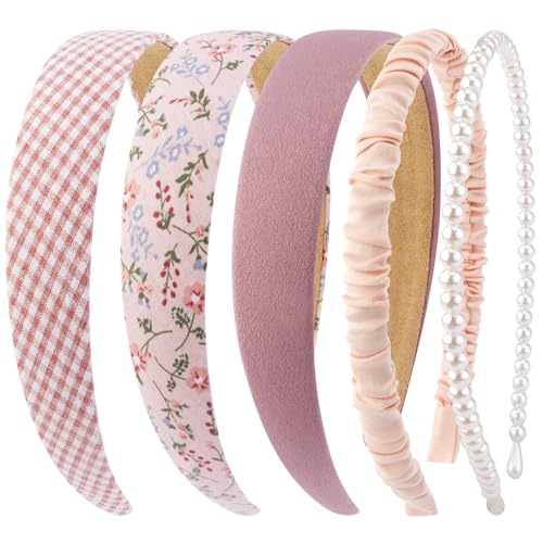 Headbands for Women Girls, 5 Pack Non Slip Wide Padded Headbands with Pearl & Floral Design - Fashion Headbands Trendy Hair Accessories