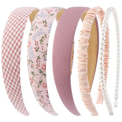 Headbands for Women Girls, 5 Pack Non Slip Wide Padded Headbands with Pearl & Floral Design - Fashion Headbands Trendy Hair Accessories