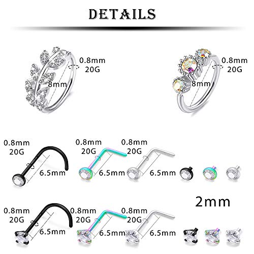 20G 18G 16G Nose Rings Studs 316L Surgical Steel Flat Back Threadless Push in Nose Studs Screw L-Shaped Nose Rings Tragus Cartilage Helix Earrings Piercing Jewelry for Women Men - color: Set E:20G(0.8MM)-Mix Color