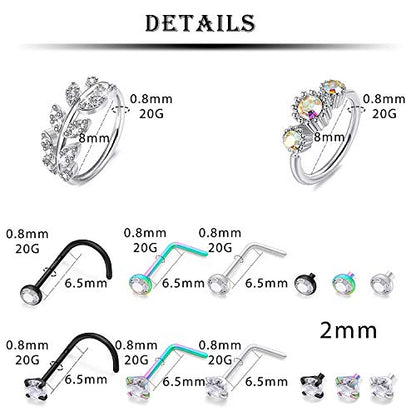 20G 18G 16G Nose Rings Studs 316L Surgical Steel Flat Back Threadless Push in Nose Studs Screw L-Shaped Nose Rings Tragus Cartilage Helix Earrings Piercing Jewelry for Women Men - color: Set E:20G(0.8MM)-Mix Color