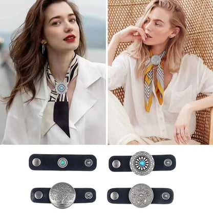 4Pcs Scarf Ring Western Bandana Slide For Women Men Genuine Leather Wild Rag Clip Neckerchief Holder Cowboy Accessories Clothing Cinch Buckle - color: Silver A