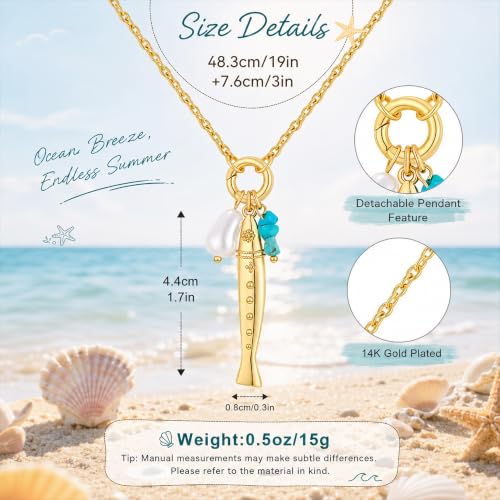 Fish Necklace for Women Gold Plated Fish Pendant Adjustable Necklace Bohemian Beach Jewelry - style: Turquoise Stone Pearl Fish