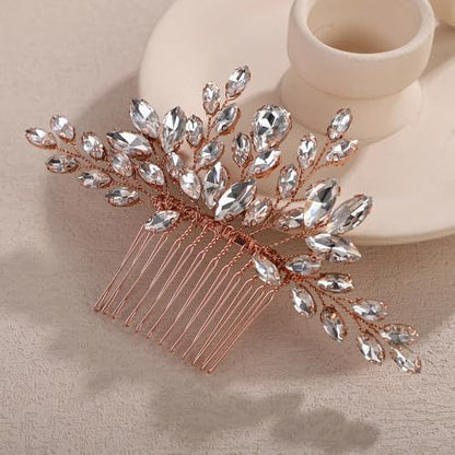 Teyglen Bridal Crystal Hair Comb Full Rhinestone Wedding Hair Comb Rose Gold Teardrop Hair Piece for Bride Wedding Hair Accessories for Women Bridal Headpiece (Rose gold) - color: Rose gold
