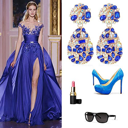 Rhinestone Statement Earrings Teardrop Costume Earrings Cluster Crystal Chandelier Drop Dangle Earrings for Women - color: Blue