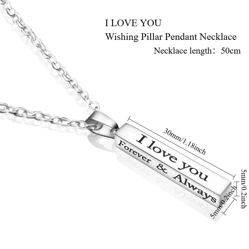 Minimalist Vertical Bar Necklace - Engraved I Love You Forever & Always Stainless Steel Pendant Necklace for Couples, Anniversary Birthday Gift Jewelry (Gold/Silver/Black)