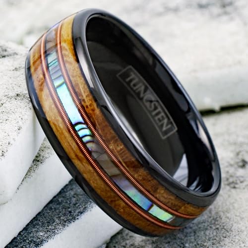 Gorgeous Unique 6mm/8mm Black Tungsten Carbide Band Ring with Dazzling Abalone Between Two Genuine Guitar Strings And Whiskey Barrel Oak Wood.