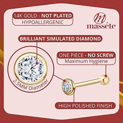 18k 14k Gold Nose Ring - 20g Nose Stud, Hypoallergenic Threadless Piercings for Women Men, Yellow White Rose Real Gold Standard or Long Nose Rings Studs, CZ or Ball Nose Piercing Jewelry - color: Simulated Diamond - 14k Yellow White Rose Gold - 3 Pack, si