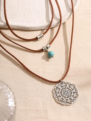 MINACHI Bohemian Retro Style Multi Layer Necklace, Green Crystal Sun and Floral Pendant, Ethnic Jewelry for Women - style: Necklace 7L-UJ7U