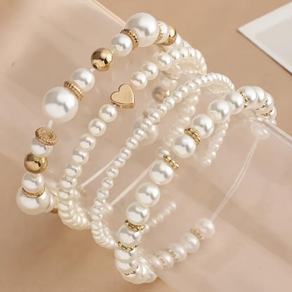 4Pcs Pearl Beaded Bracelet Set, Stackable Elastic Bracelets with Gold Heart, Elegant Faux Pearl Jewelry Gifts for Women
