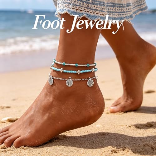 Gold Anklets Bracelets for Women Waterproof Layered Beaded Anklet Bracelets Set Boho Pearl Starfish Shell Anklet Bracelet Stacked Turquoise Anklets Bracelet Summer Beach Foot Jewelry Gift for Women - style: Turquoise