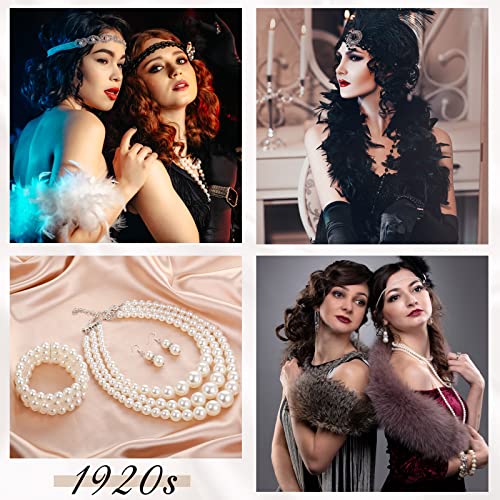 Haysandy Pearl Jewelry Set for Women 20s Jewelry Gift | Retro Layered Necklace Bracelet Earring, Costume Accessories for Derby Wedding Prom Party, Dress Matching Occasions - color: Beige