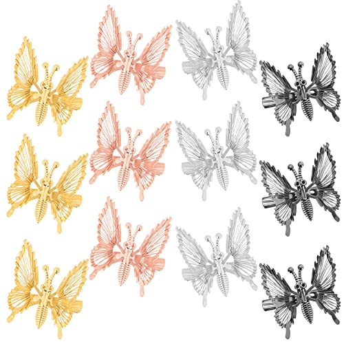 DEEKA 12 PCS Moving Butterfly Clips 3D Metal Gold Silver Black Moving Wings Butterfly Hair Accessories 90s Hair Clips Barrette for Women and Girls -4 Color - color: Gold/Silver/RoseGold/Black