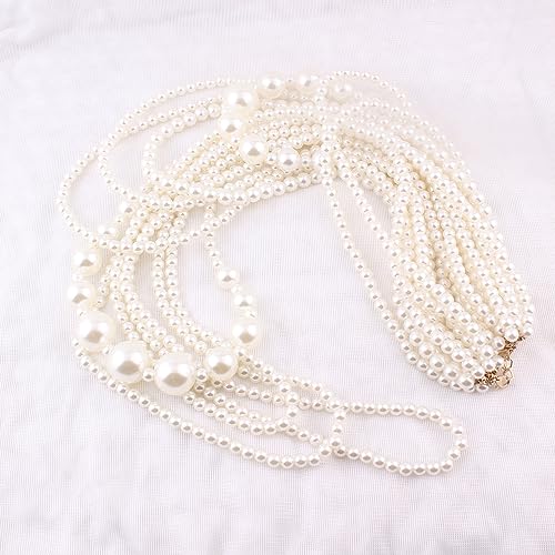 Multilayer Strand Chain Faux Pearls Flapper Beads Cluster Long Choker Necklace - color: Beige Necklace