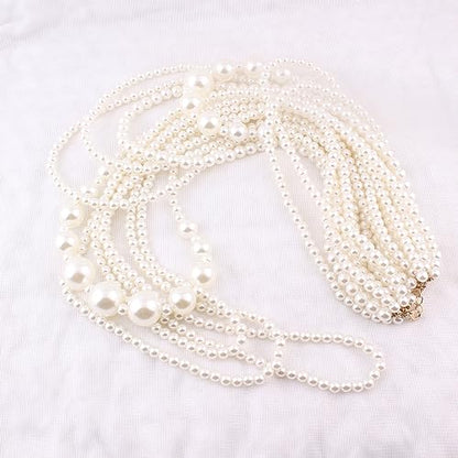 Multilayer Strand Chain Faux Pearls Flapper Beads Cluster Long Choker Necklace - color: Beige Necklace