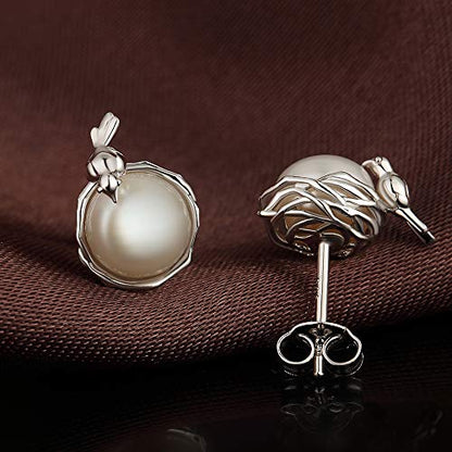 Han han Pearl Stud Earrings for Women 925 Sterling Silver, Pearl Jewelry Gift for Women 8MM-13MM - style: G-Bird Pearl Studs-8mm