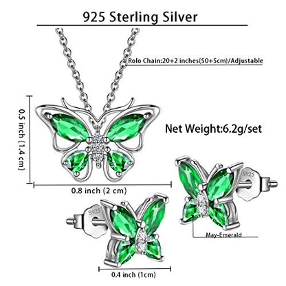 925 Sterling Silver Birthstone Butterfly Jewelry Women Crystal Animal Cute Butterflies Birthday Necklace/Earring/Ring/Bracelet Sets Birth Stone Statement Anniversary Jewellery - color: 1-E.May-Emerald