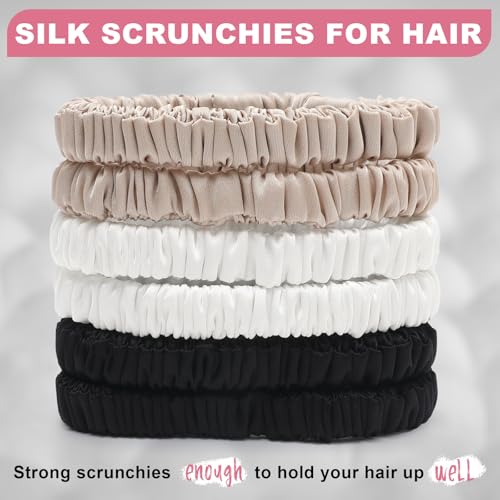 6Pcs Silk Hair Ties 100% Pure Mulberry Silk Scrunchies for Women Girls | No Hair Crease, Anti Frizz, Gentle Hold, No Damage, Color 07 - color: Black&White&Champagne