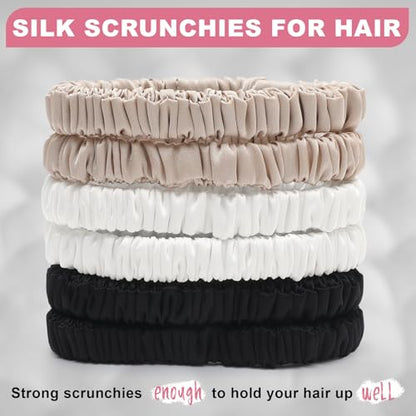 6Pcs Silk Hair Ties 100% Pure Mulberry Silk Scrunchies for Women Girls | No Hair Crease, Anti Frizz, Gentle Hold, No Damage, Color 07 - color: Black&White&Champagne
