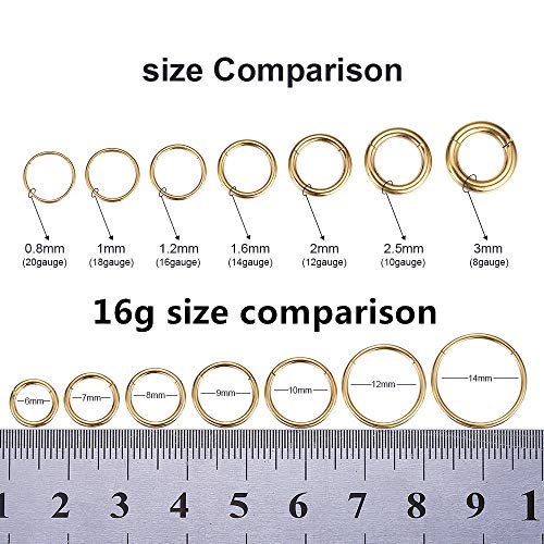 ORANGELOVE Hypoallergenic Nose Rings 20G 18G 16G 14G 12G 10G 8G 316l Surgical Steel Septum Jewelry Hinged Segment Ring Body Piercing Nose Hoop Lip Rings Nose Helix Cartilage Rook Earrings - color: Gold, size: 1pc 16 Gauge 8mm