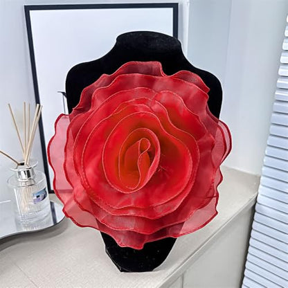 10inch Extra Large Flower Brooch Pin for Women Fashion Dainty Organza Satin Fabric Big Camellia Brooches Lapel Pins Wedding Dance Party Dress Accessories Exaggerated Jewelry Gift - color: 10 inch Red