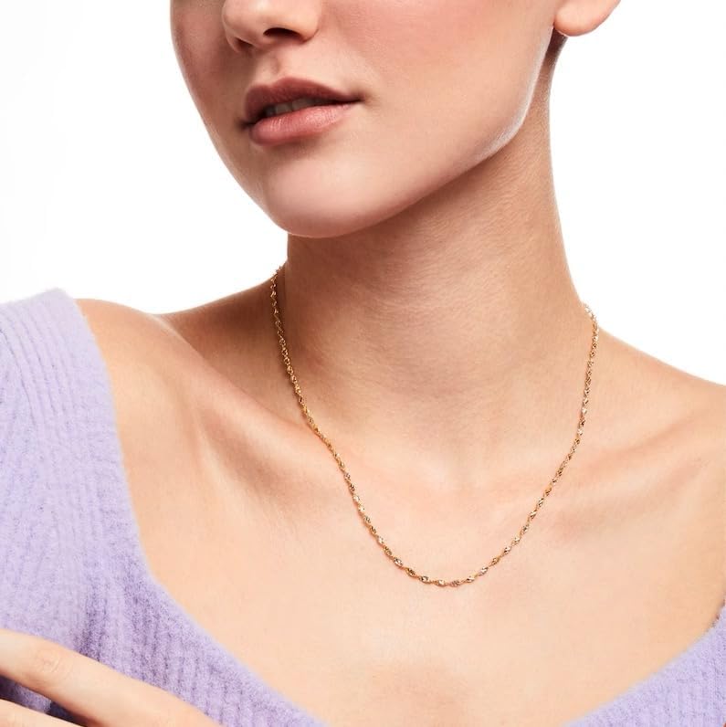 Gold Silver Necklace Chain With Adjustable Lobster Clasp, Diamond Cut Geometric Gold Beads Stationed on Dainty 2mm Cable Box Chain, 16 Inches Rolo Oval Figaro Link Singapore Chain. - color: Gold01