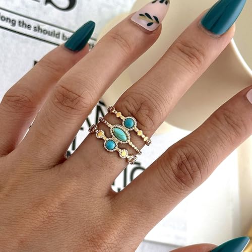 Todenb Turquoise Ring for Women，Gold Western Turquoise Open Ring Boho Stainless Steel Moon and Star Band Wrap Knuckle Rings Western Country Fashion Jewelry Accessories - color: oval