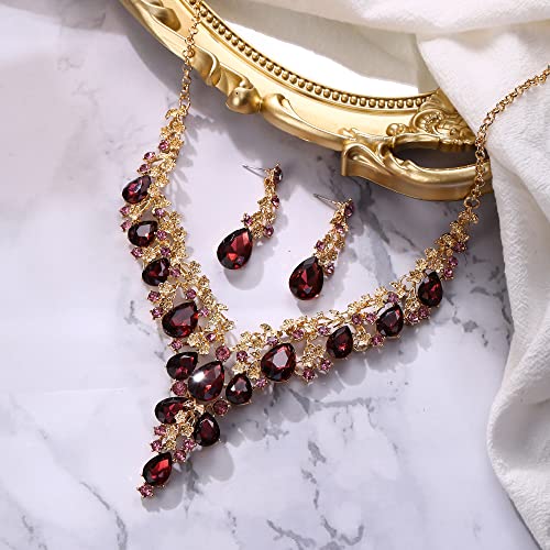 BriLove Women's Wedding Bridal Austrian Crystal Teardrop Flower Cluster Statement Necklace Dangle Earrings Jewelry Set for Party Prom - color: 2Pcs-Deep Amethyst Color Gold-Tone