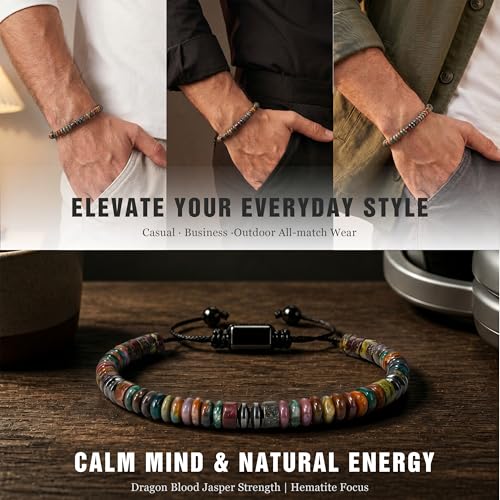 Natural Stone Beaded Bracelet for Men Women Boho Adjustable - color: Bloodstone
