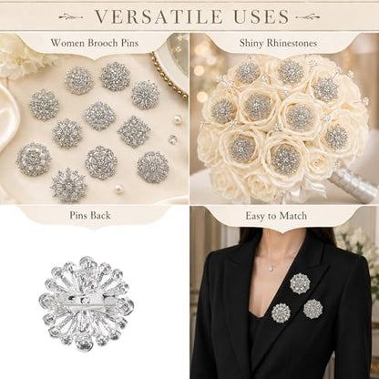 112 Pcs Sliver Crystal Wedding Bouquet Brooches for Women, Rhinestone Flower Brooch Pins Corsage Boutonniere Stick Pins for DIY Wedding Party Bouquets Embellishment Crafts Decor