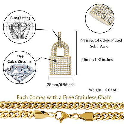 TOPGRILLZ 14K Gold Plated Iced out Lock Pendant Necklace for Women and Men Punk Rock Aesthetic Chains Padlock Necklace - color: Gold
