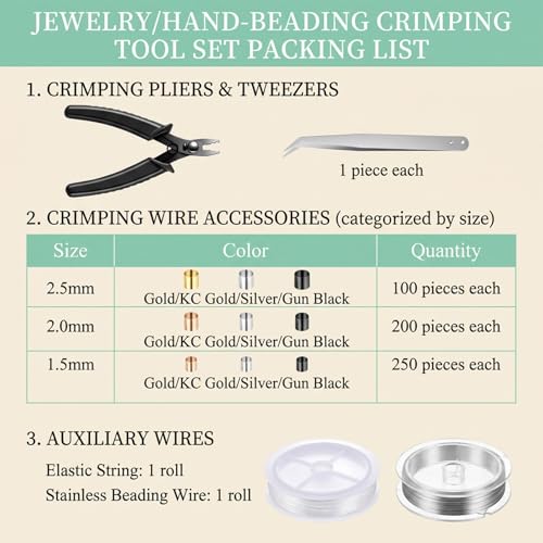 2200 Pieces Crimping Beads for Jewelry Making, Metal Crimp Tubes Tube Crimp Beads Jewelry Repair Kit with Crimping Pliers, Elastic Bracelet String and Bracelet Beading Wire for Necklaces Earring