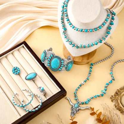 Ecally Bohemian Western Jewelry Turquoise Set Women Country Pendant Long Choker Layered Bracelets Earrings Ring for Women - color: Turquoise, style: Graceful