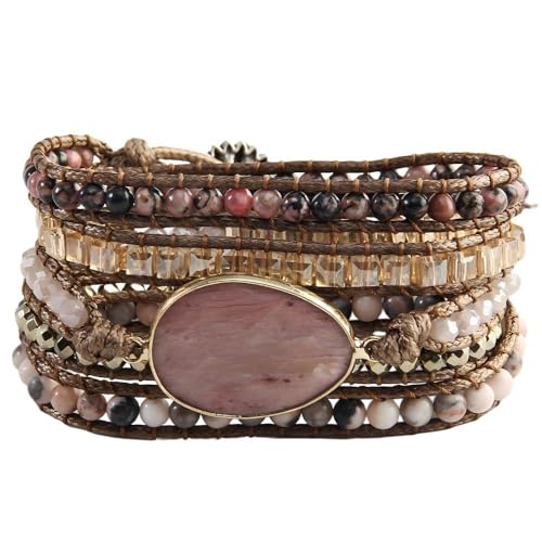 Women Wrap Bracelet Boho Natural Jasper Crystal Stone Beads Strand Bracelets - color: Style 06-Rhodonite