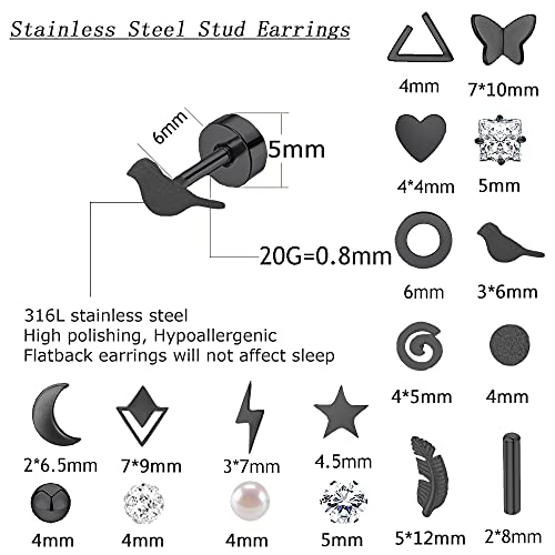 MJust 18 Pairs Earrings Set – Flat Back Stud Hypoallergenic 20G Steel stud | 18 Pairs Flat Back Earrings Set – Hypoallergenic 316L Steel Studs for Cartilage & Lobe Piercings - color: Black