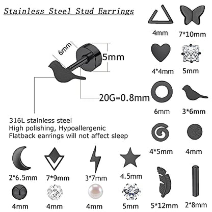 MJust 18 Pairs Earrings Set – Flat Back Stud Hypoallergenic 20G Steel stud | 18 Pairs Flat Back Earrings Set – Hypoallergenic 316L Steel Studs for Cartilage & Lobe Piercings - color: Black