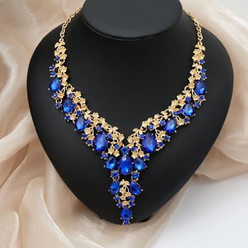 CSY Elegant Crystal Costume Jewelry Sets Flower Bridal Necklace Earrings Stretch Bangle Set for Bride Bridesmaid Wedding Dress Accessories - color: Sapphire blue-gold tone
