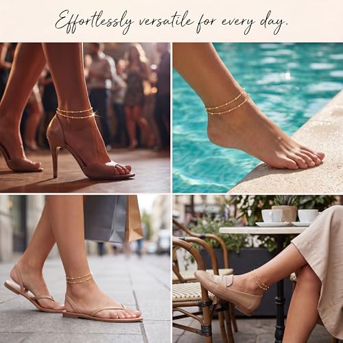 Dainty Layered Ankle Bracelets for Women Waterproof, 14K Gold/Silver Plated Anklets Beaded Satellite Chain Ankle Bracelet Set Trendy Beach Summer Fashion Jewelry Gift - style: Style 1