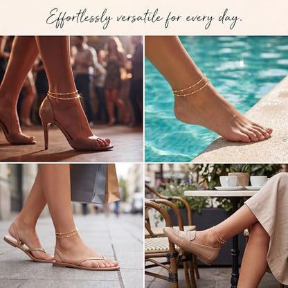 Dainty Layered Ankle Bracelets for Women Waterproof, 14K Gold/Silver Plated Anklets Beaded Satellite Chain Ankle Bracelet Set Trendy Beach Summer Fashion Jewelry Gift - style: Style 1