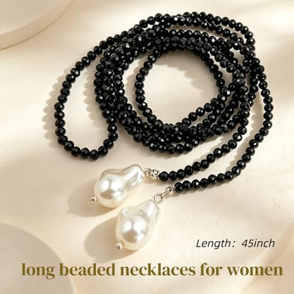 Crystal Beaded Lariat Necklace with Baroque Pearl Drops, Adjustable Y-Shaped Wrap Choker, Elegant Layered Chain Jewelry for Women Daily & Formal Wear - color: black