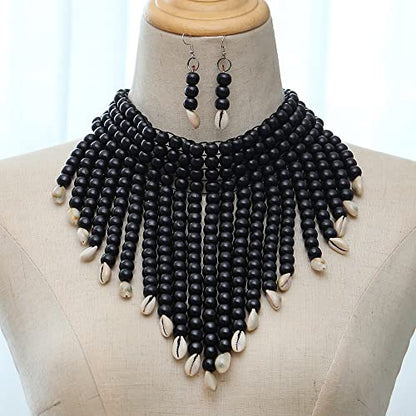 COLORFUL BLING Chunky Wooden Beaded Seed Bib Collar Necklace Boho Layered Africa Wood Shell Strand Choker Necklace Jewelry Set for Women - color: black