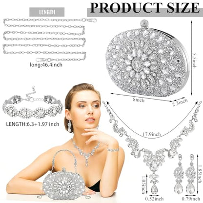 Quelay 4 Pcs Purse Rhinestone Jewelry Set Women | Wedding Bridal Prom Jewelry Sparkly Clutch Handbag with Necklace Bracelet Dangle Earrings Shiny Costume Kit - color: Silver, style: Traditional