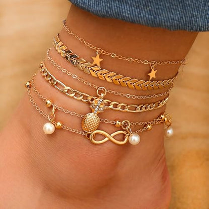 Fesciory 14K Gold Plated Ankle Bracelets Sets For Women, Adjustable Layered Infinite Anklet, Summer Beach Butterfly Star Foot Chain Jewelry Gifts - style: Pineapple(Gold)