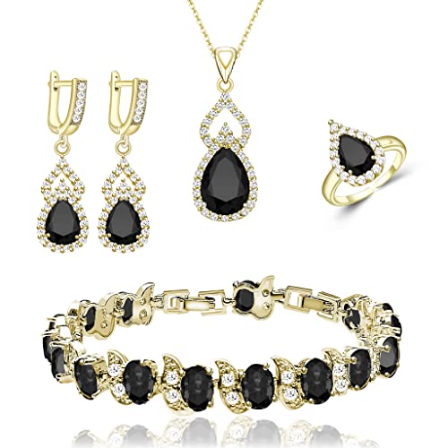 LMXXVJ Women Jewelry Set Platinum Plated Necklace Open Ring Earrings Bracelet Set,Birthday/Anniversary Mother’s Day Jewelry Gifts for Mom/Wife/Sister/Best Friend - color: Yellow Gold-Black