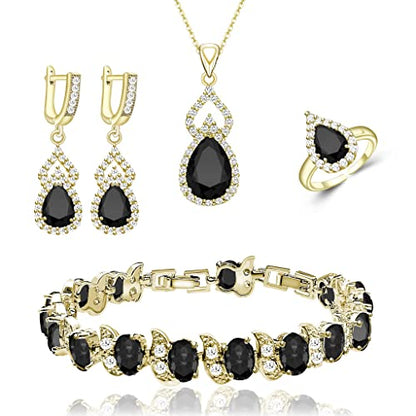 LMXXVJ Women Jewelry Set Platinum Plated Necklace Open Ring Earrings Bracelet Set,Birthday/Anniversary Mother’s Day Jewelry Gifts for Mom/Wife/Sister/Best Friend - color: Yellow Gold-Black