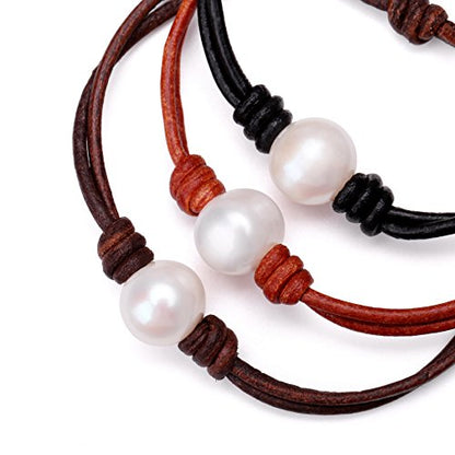 Single Cultured Freshwater Pearl Bracelet Handmade Leather Pearl Jewelry for Women 7'' - style: 7'' Black