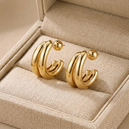 Necocy Chunky Gold Hoop Earrings for Women Non Tarnish, 14k Gold Plated Thick Triple Hoop Earrings Hypoallergenic Trendy Hoops Dainty Jewelry Gifts for Women - style: simple Double C Hoop